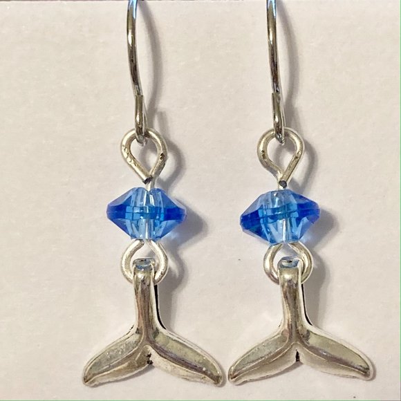 Silver Mermaid Whale Tail Earrings Blue Bead Plated Dangle Dainty Nautical - Picture 10 of 12
